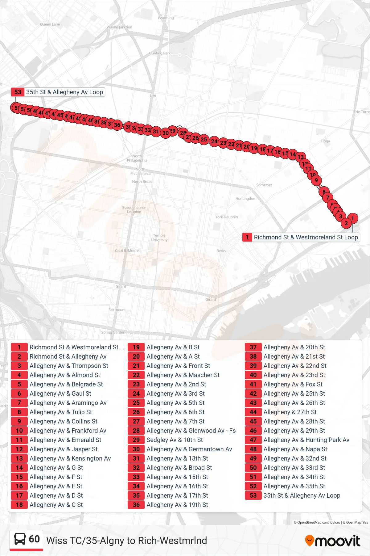 60 bus Line (35th-Allegheny) route and stops on a map