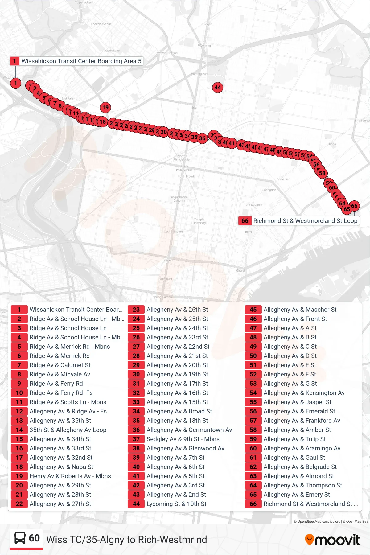 60 bus Line (Richmond-Westmoreland) route and stops on a map