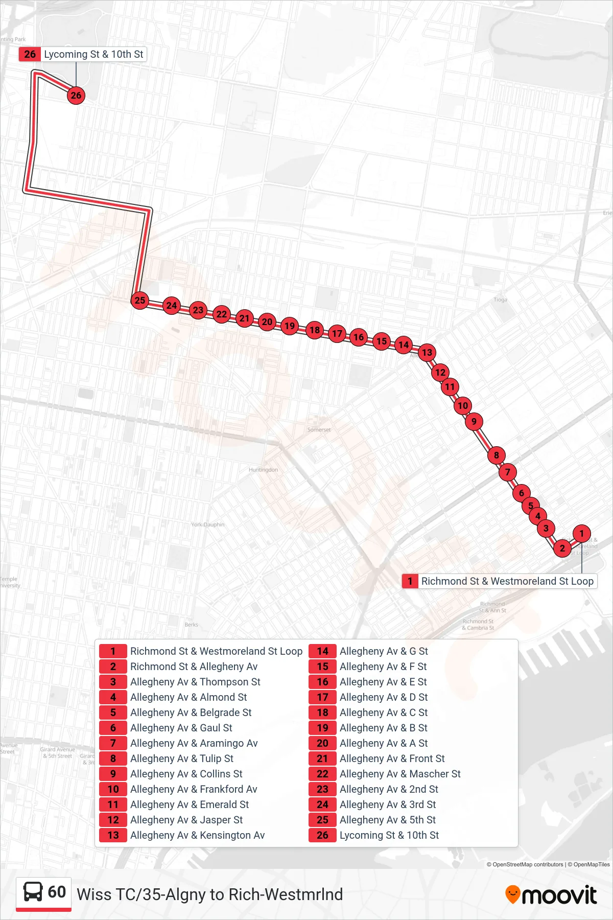 60 bus Line (10th-Lycoming) route and stops on a map