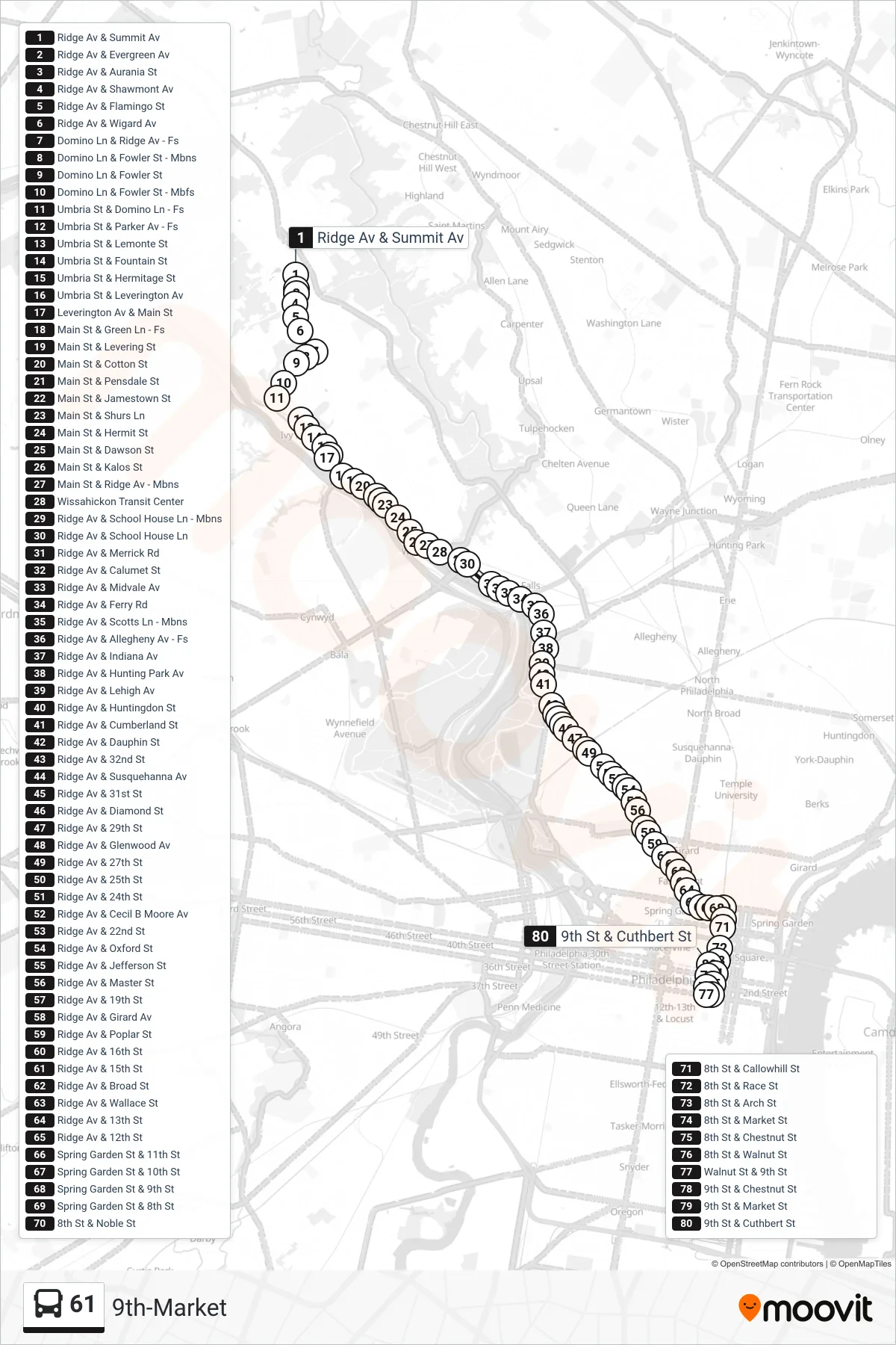 61 bus Line (9th-Market) route and stops on a map