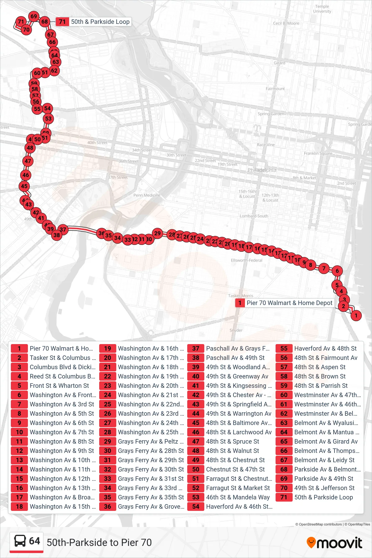 64 bus Line (50th-Parkside) route and stops on a map