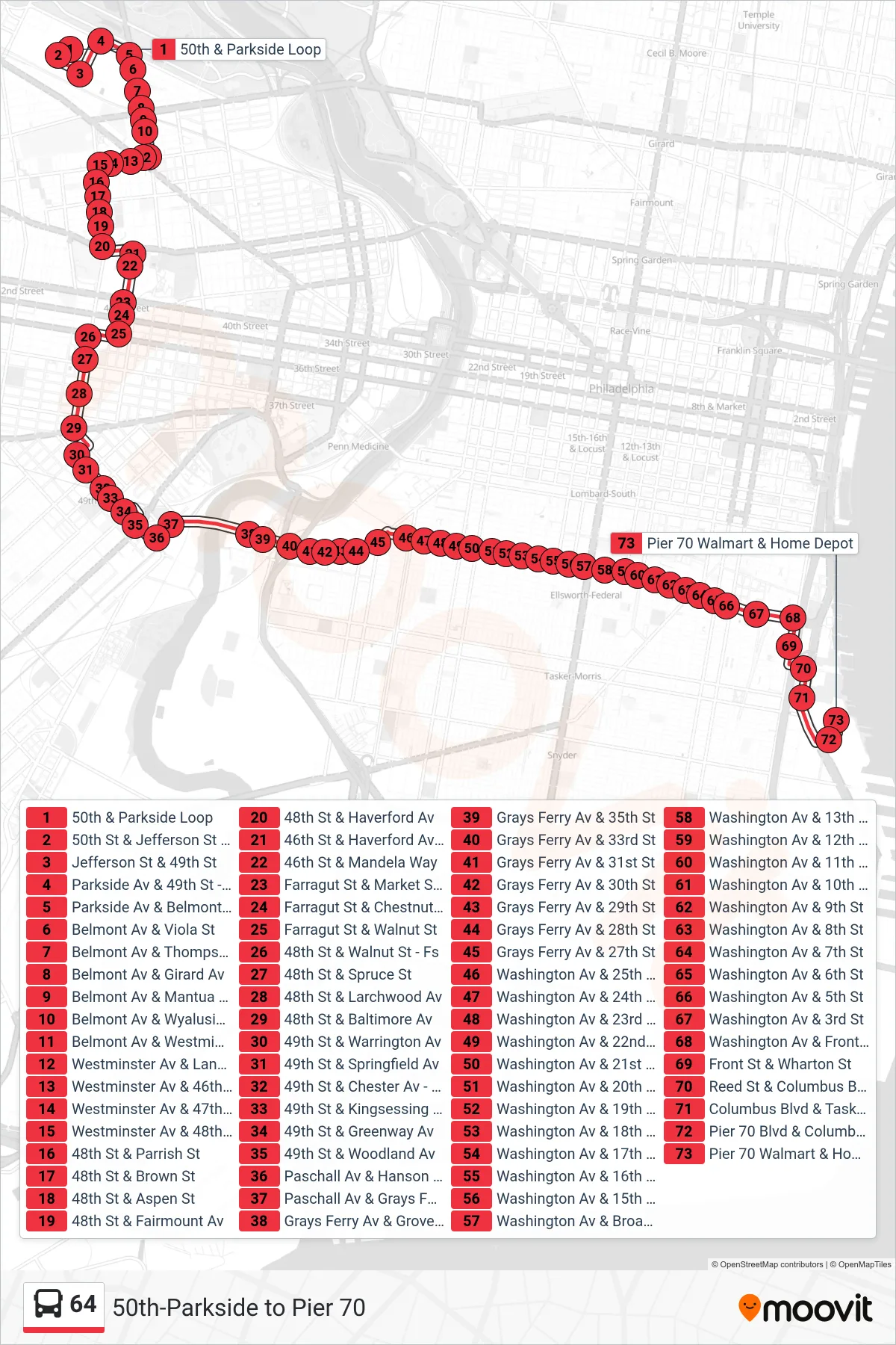64 bus Line (Columbus Blvd Pier 70) route and stops on a map