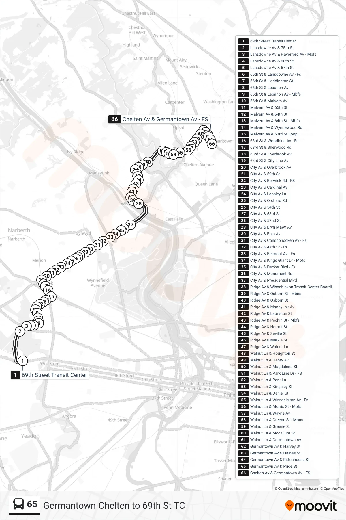 65 bus Line (Germantown-Chelten) route and stops on a map