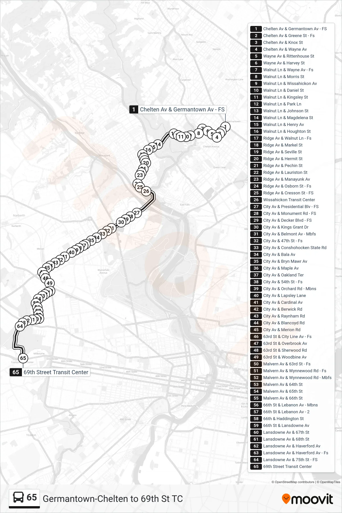 65 bus Line (69th St Transit Center) route and stops on a map