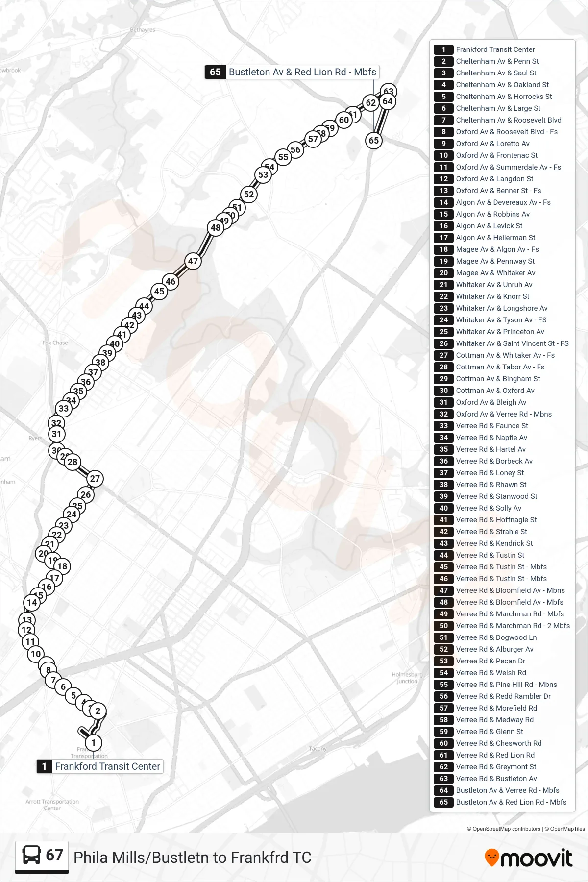 67 bus Line (Bustleton-Northeast Ave) route and stops on a map