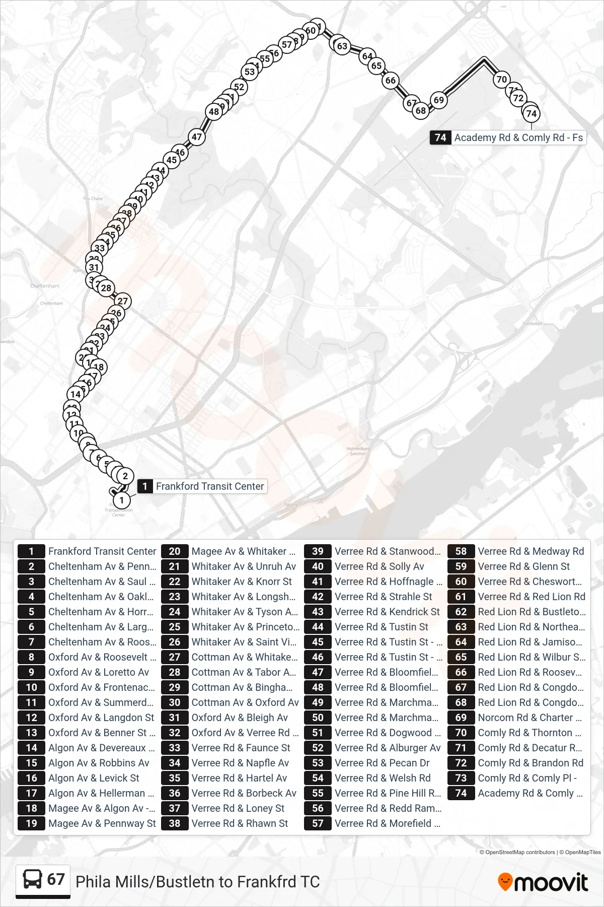 67 bus Line (Academy-Chalfont) route and stops on a map