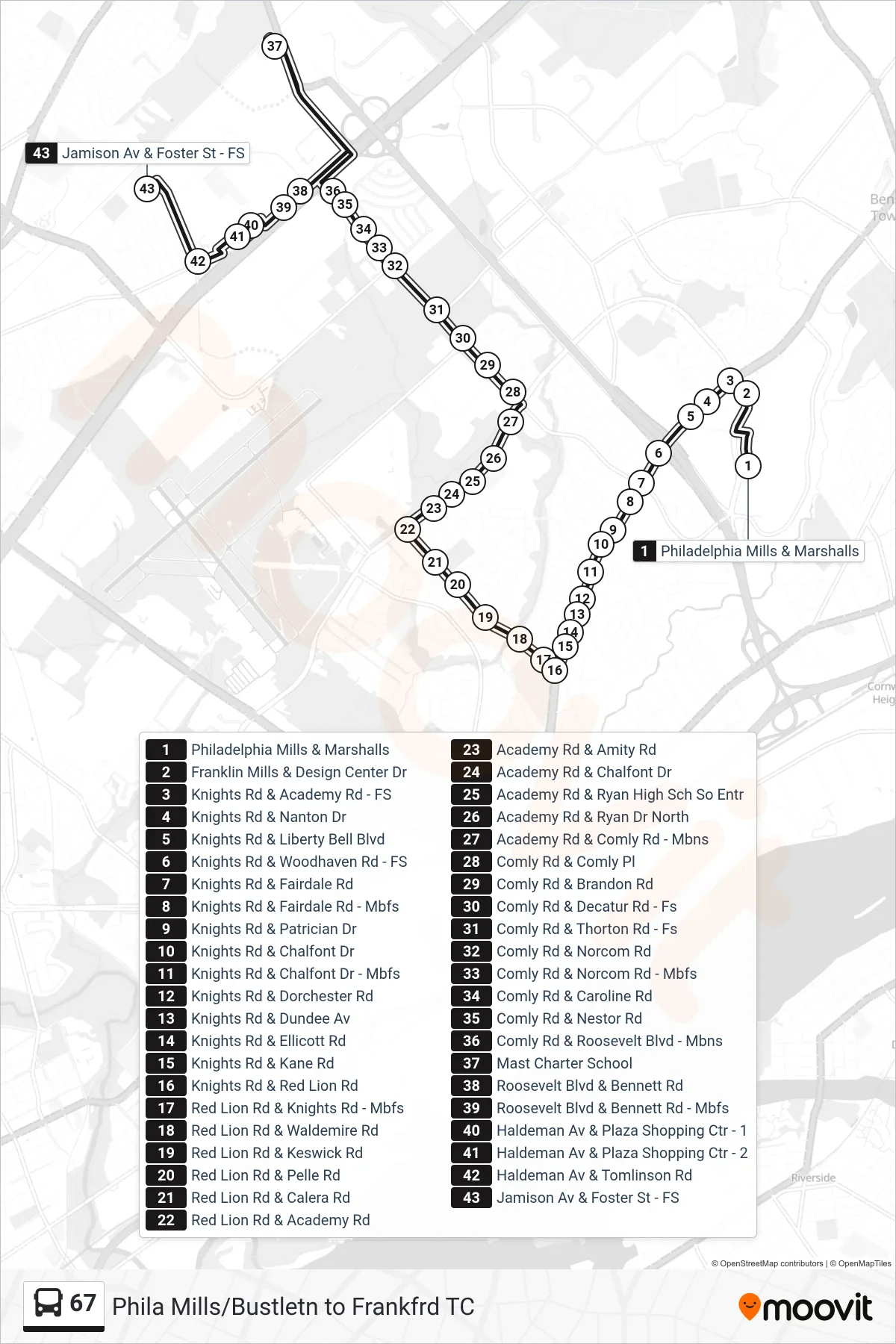 67 bus Line (Tomlinson-Jamison) route and stops on a map
