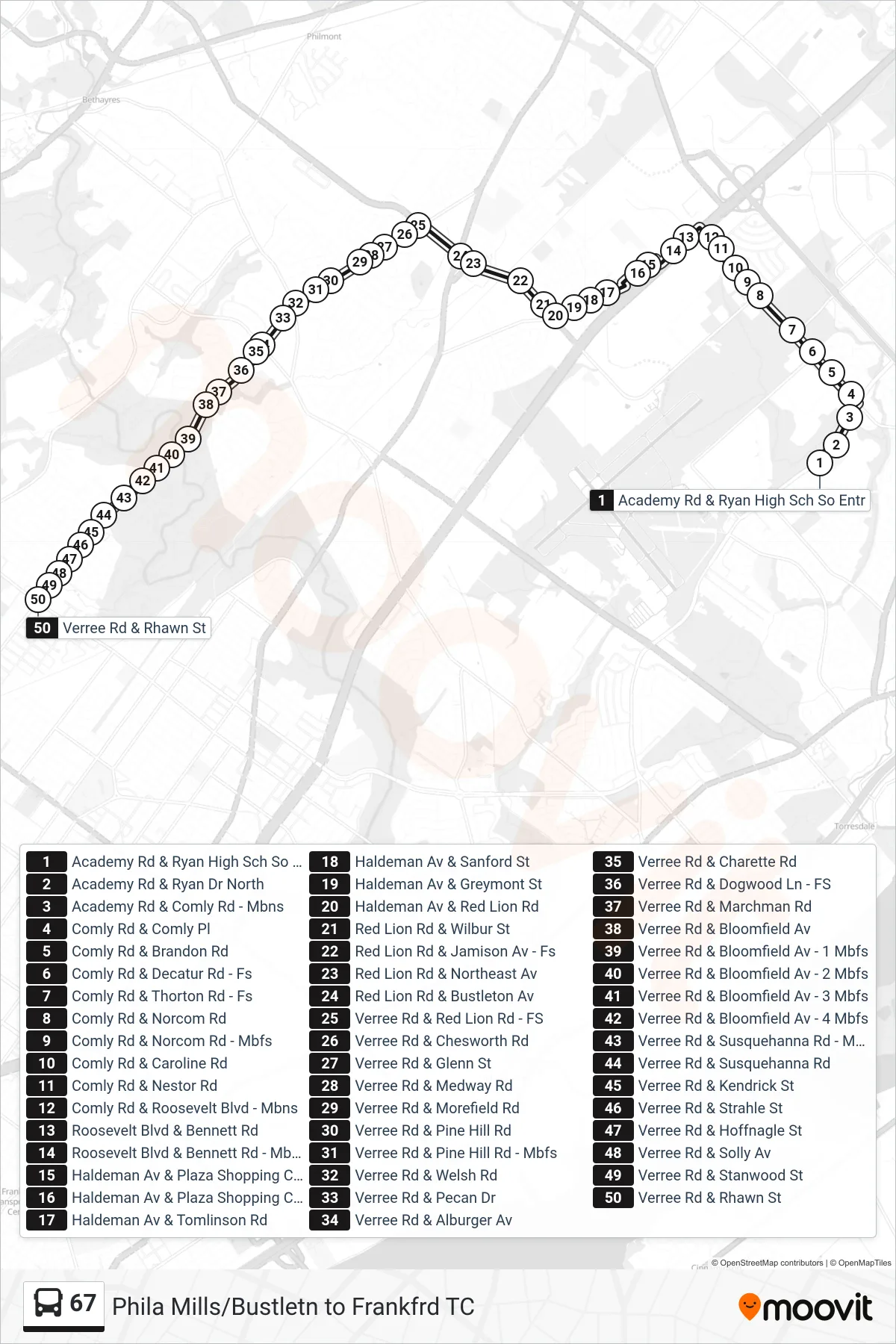 67 bus Line (Rhawn-Verree) route and stops on a map