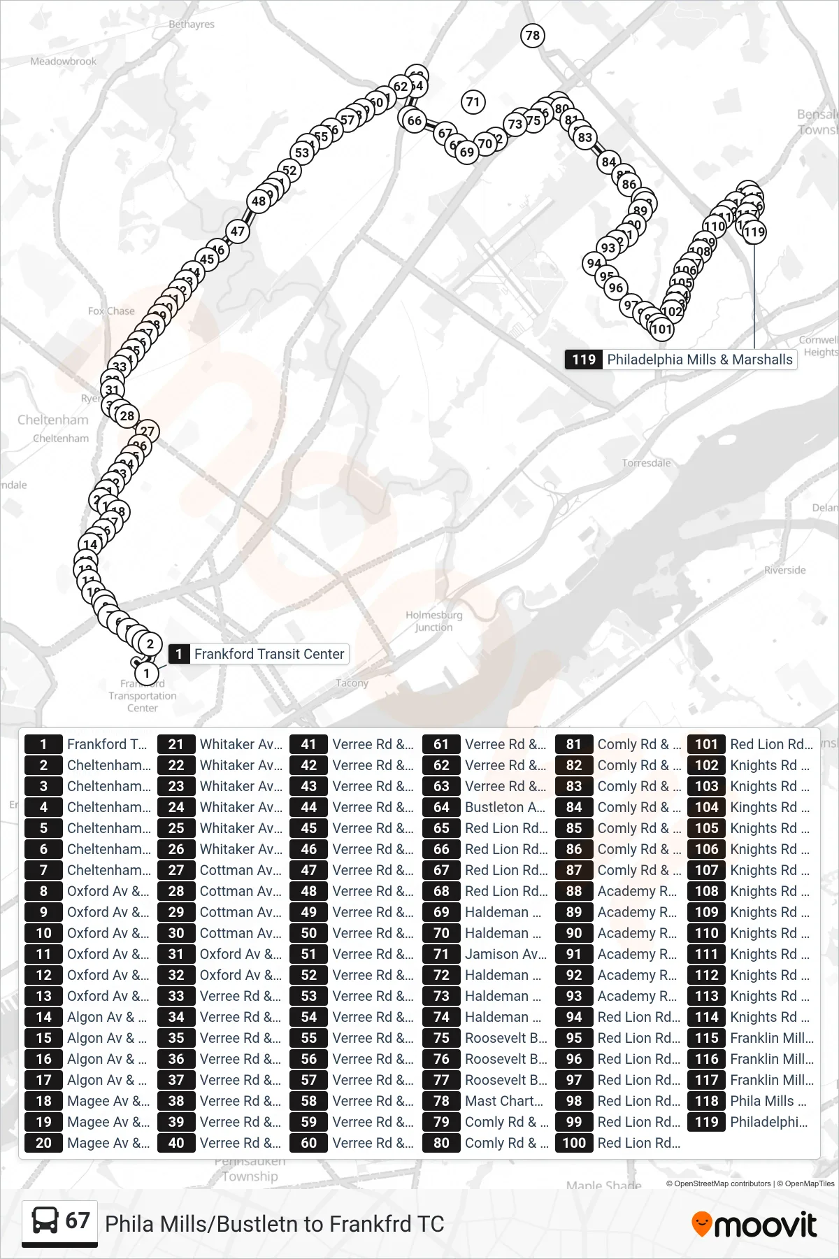67 bus Line (Philadelphia Mills) route and stops on a map