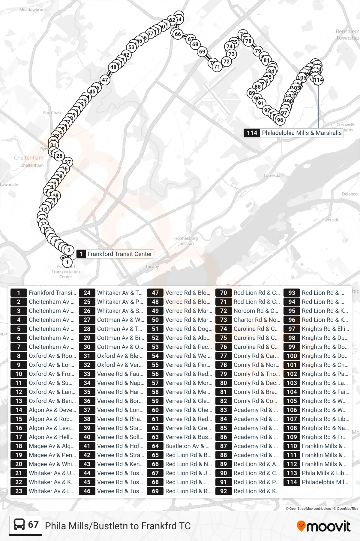 67 bus Line (Philadelphia Mills Via Industrial) route and stops on a map