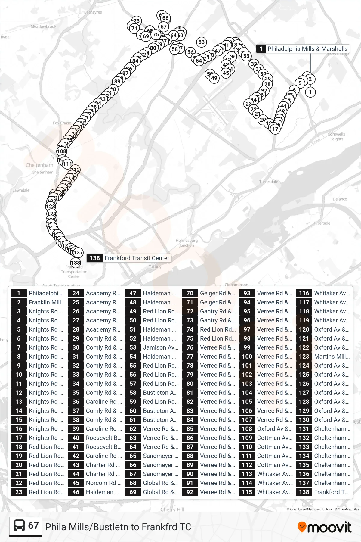 67 bus Line (Frankford Transit Center) route and stops on a map