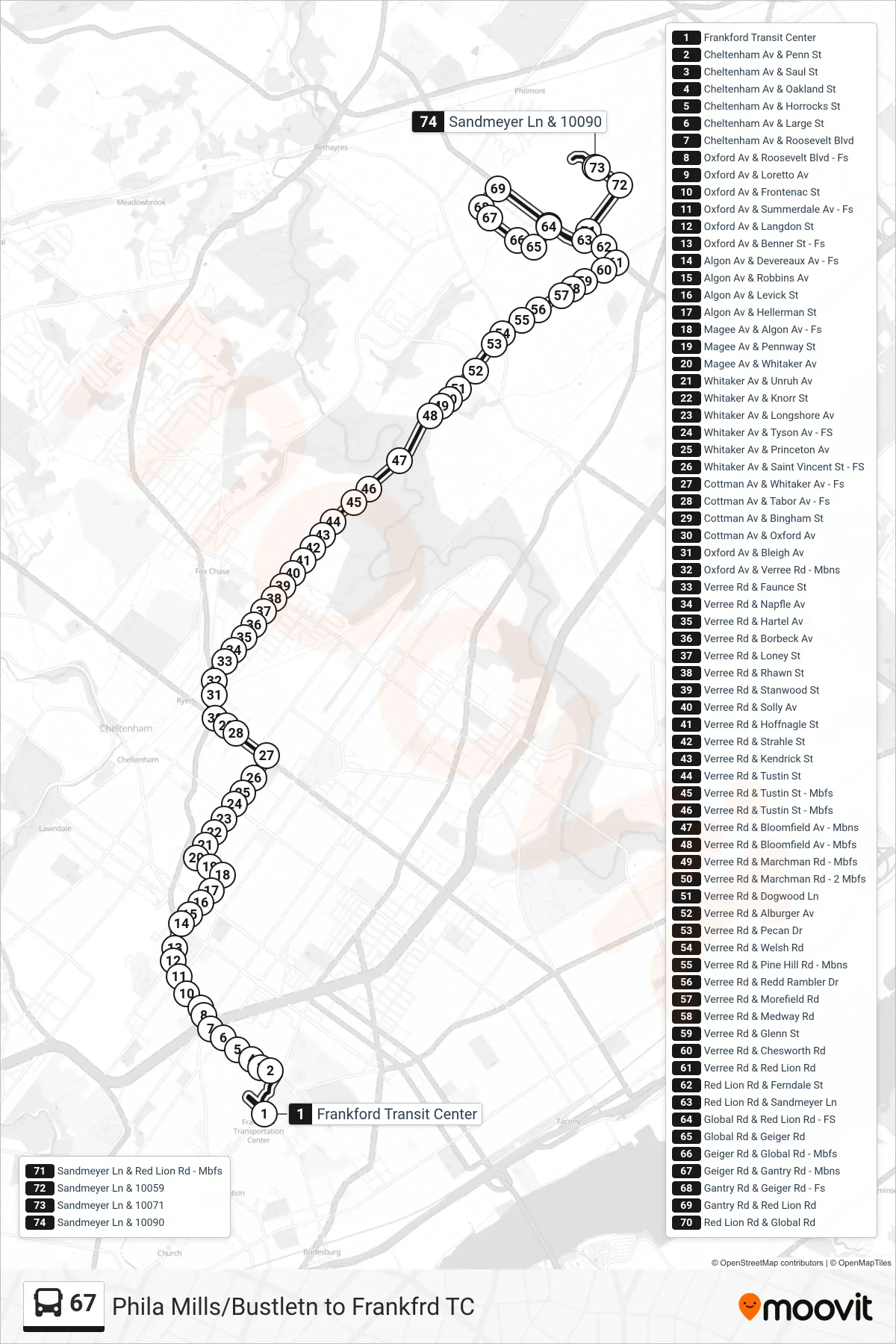 67 bus Line (Red Lion-Sandmeyer) route and stops on a map