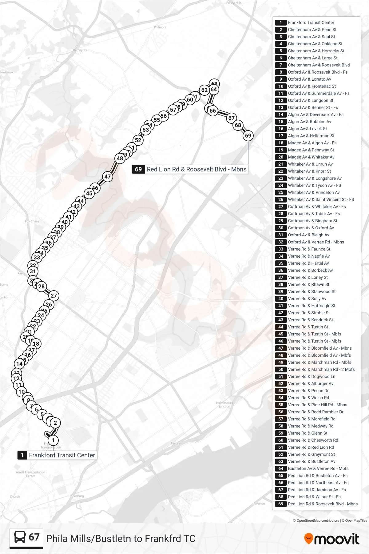 67 bus Line (Roosevelt-Red Lion Via Bustleton-Verree) route and stops on a map