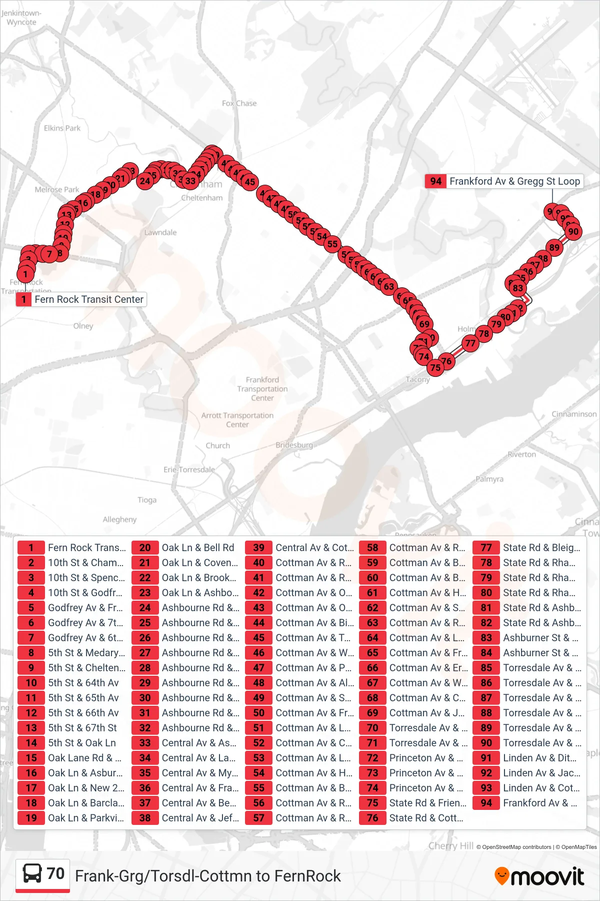 70 bus Line (Frankford-Gregg) route and stops on a map