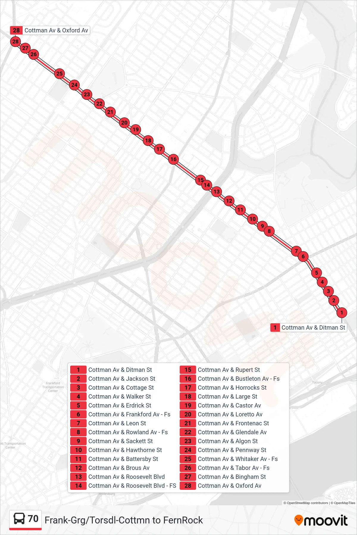70 bus Line (Oxford-Cottman) route and stops on a map