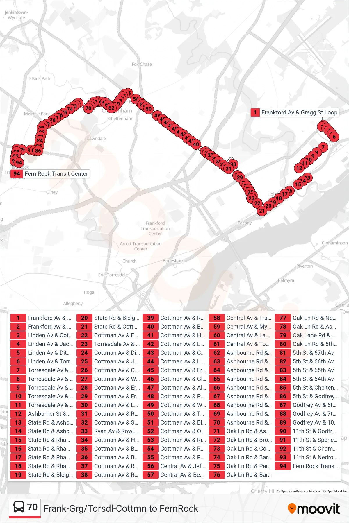 70 bus Line (Fern Rock Transit Center) route and stops on a map