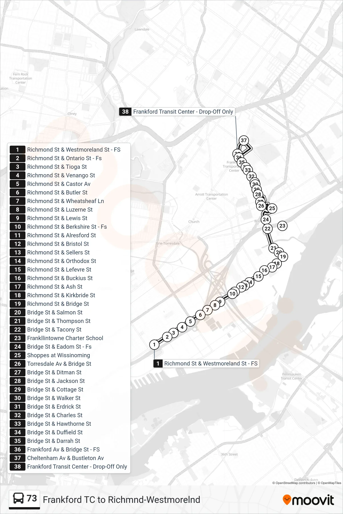 73 bus Line (Frankford Transit Center) route and stops on a map