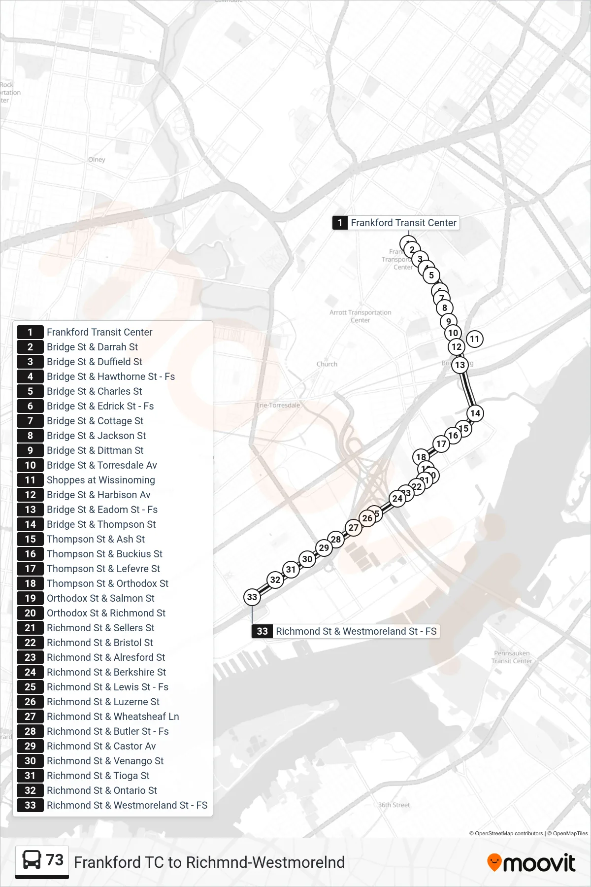 73 bus Line (Richmond-Westmoreland) route and stops on a map