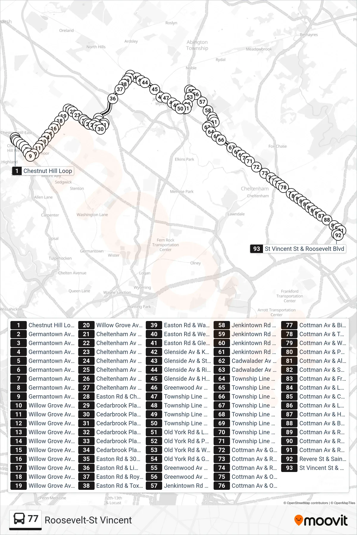 77 bus Line (Roosevelt-St Vincent) route and stops on a map