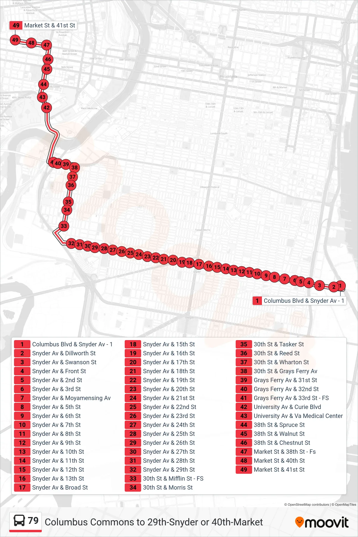 79 bus Line (Market & 41st St) route and stops on a map