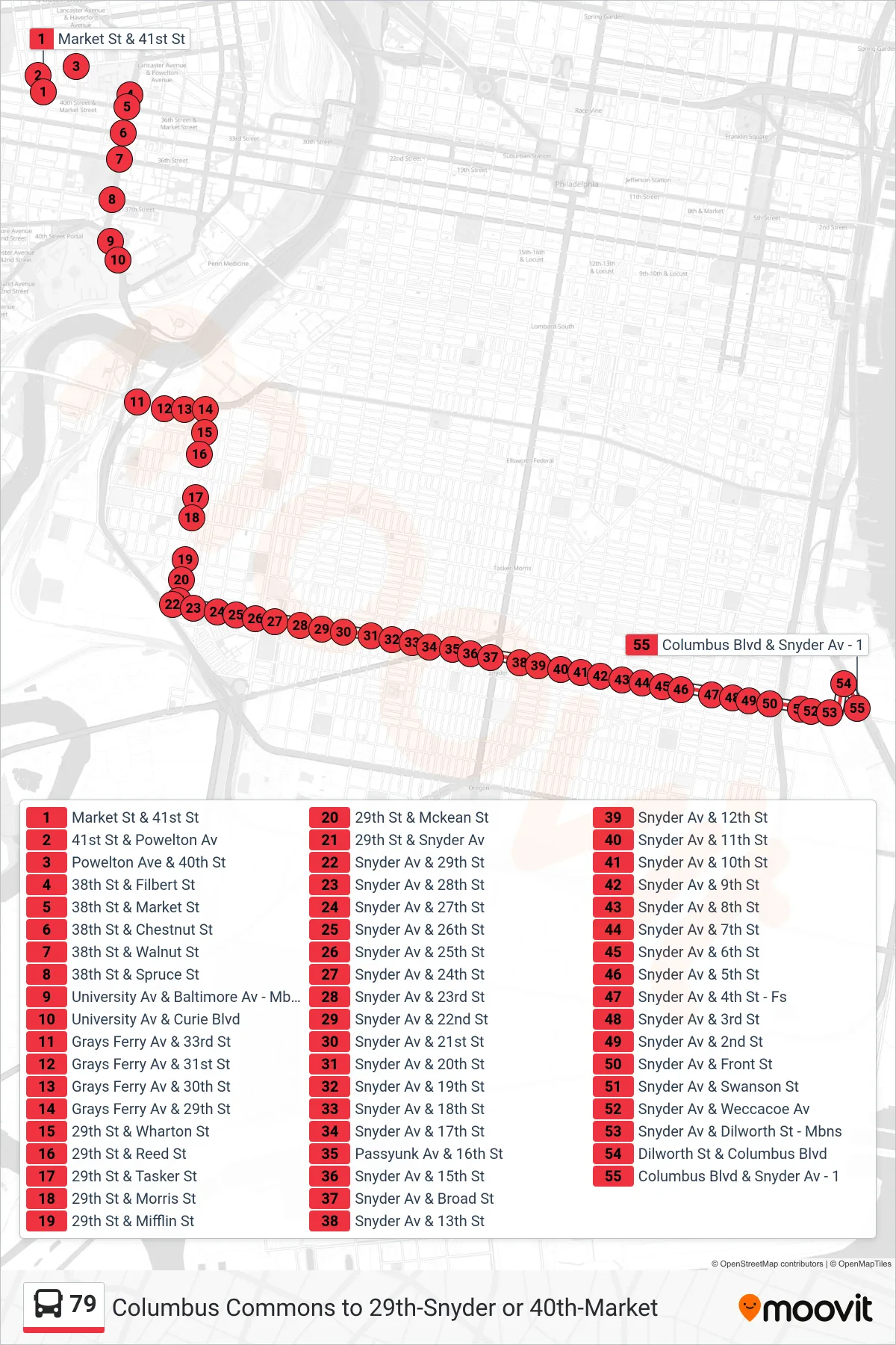 79 bus Line (Columbus Commons) route and stops on a map