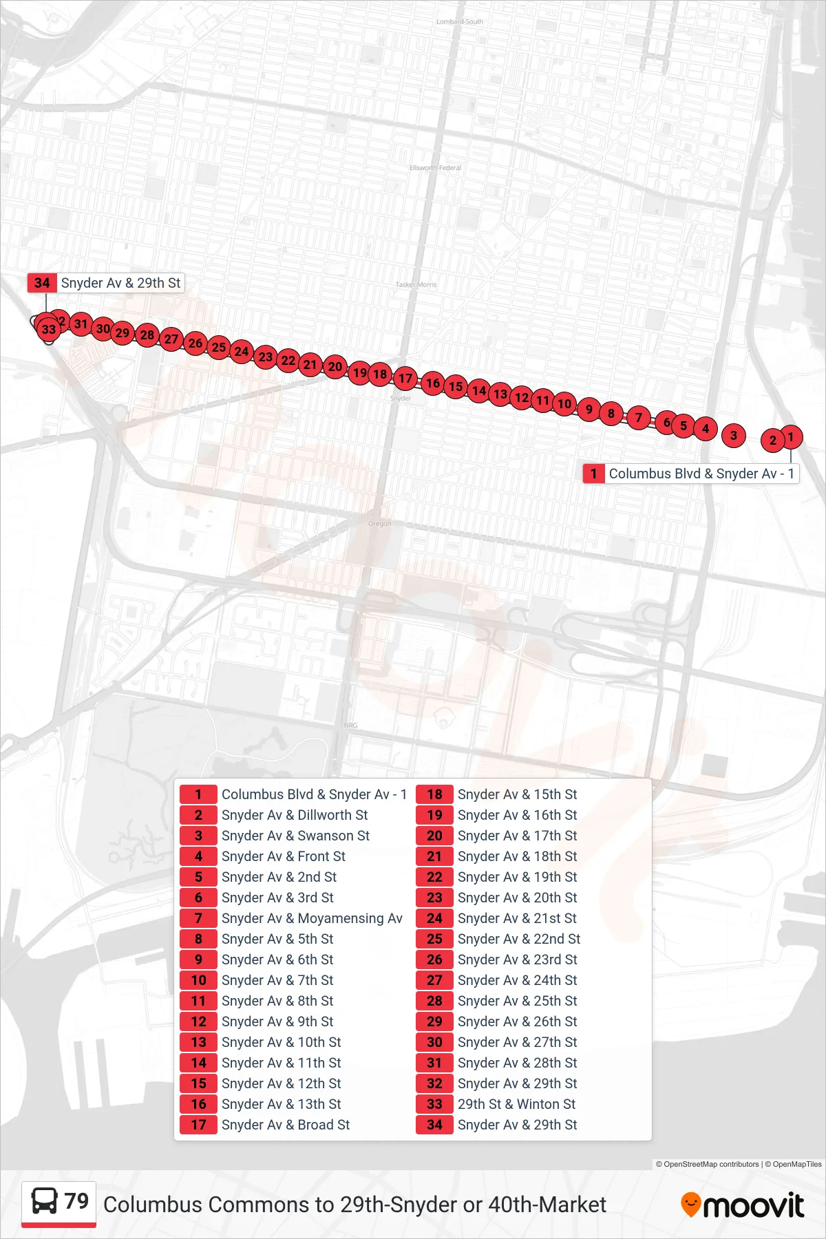 79 bus Line (29th-Snyder) route and stops on a map