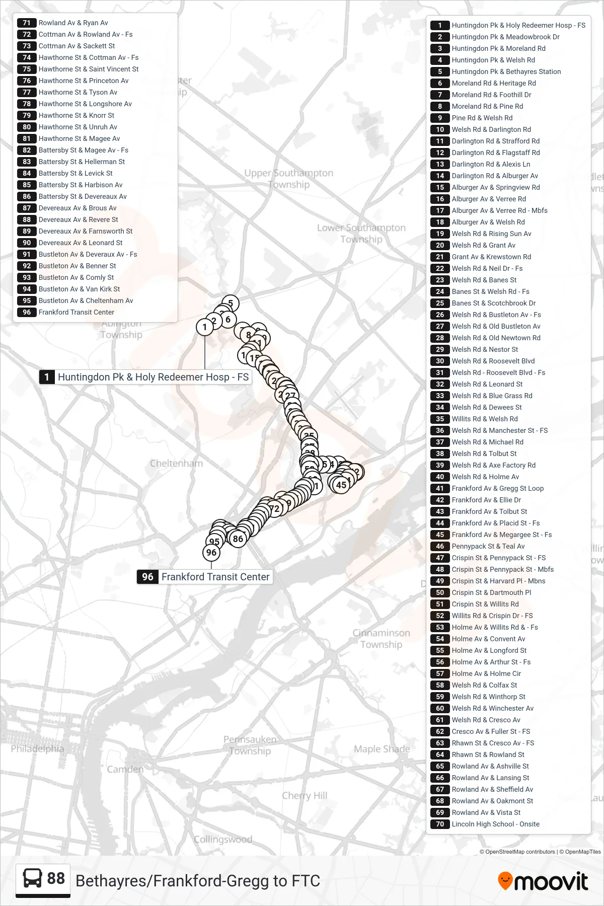 88 bus Line (Frankford Transit Center) route and stops on a map