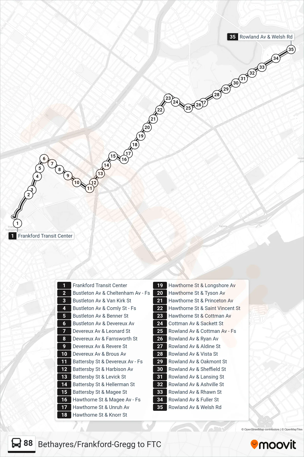 88 bus Line (Welsh-Rowland) route and stops on a map