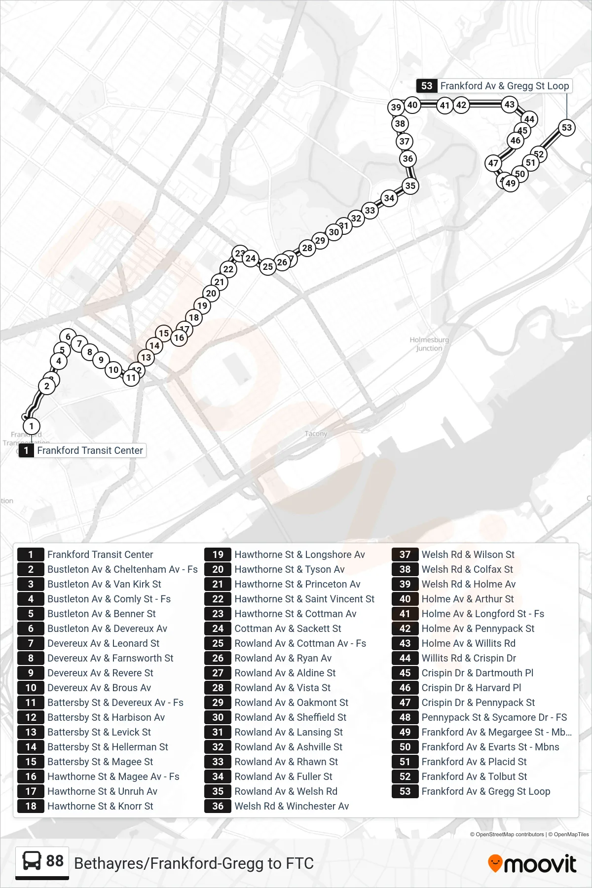 88 bus Line (Frankford-Gregg) route and stops on a map