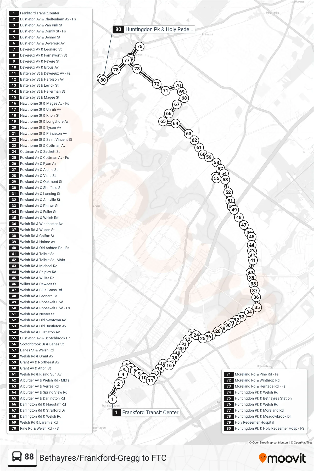 88 bus Line (Holy Redeemer Hospital) route and stops on a map