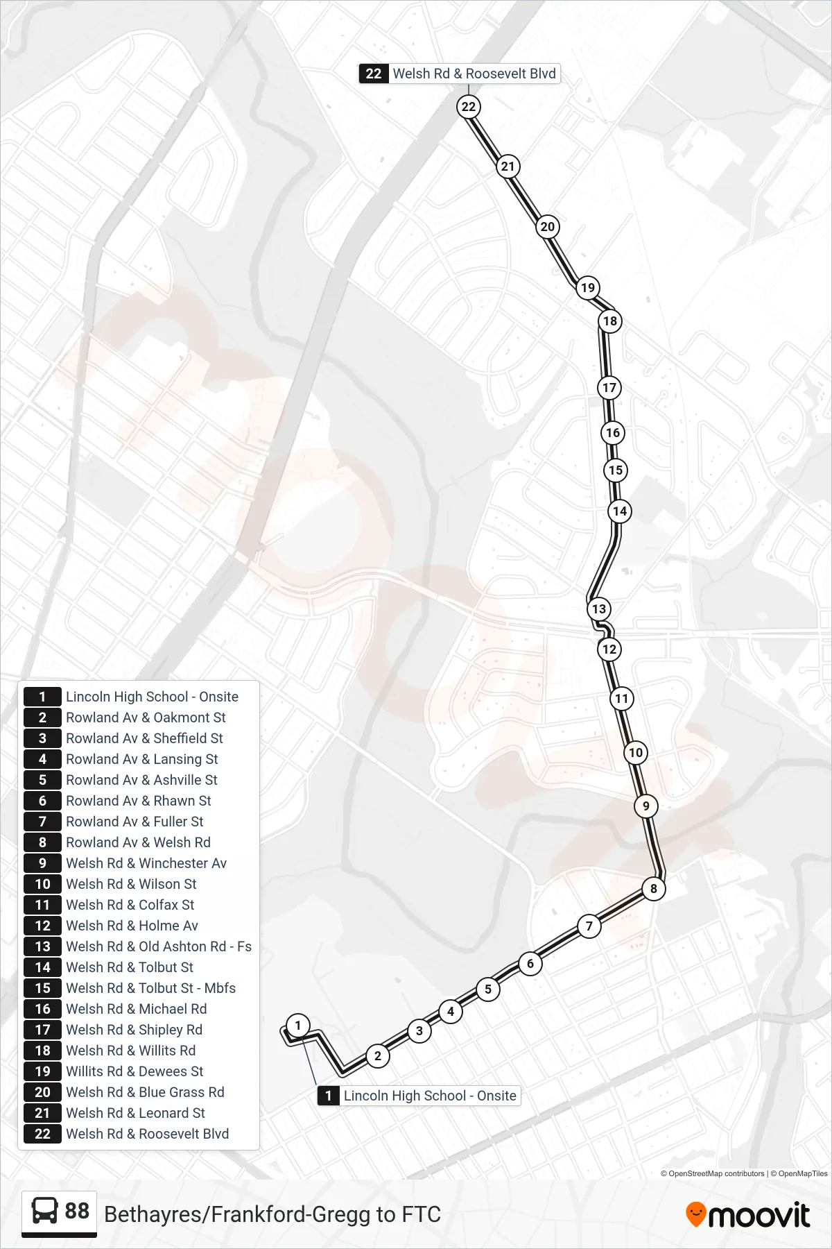 88 bus Line (Welsh-Roosevelt) route and stops on a map