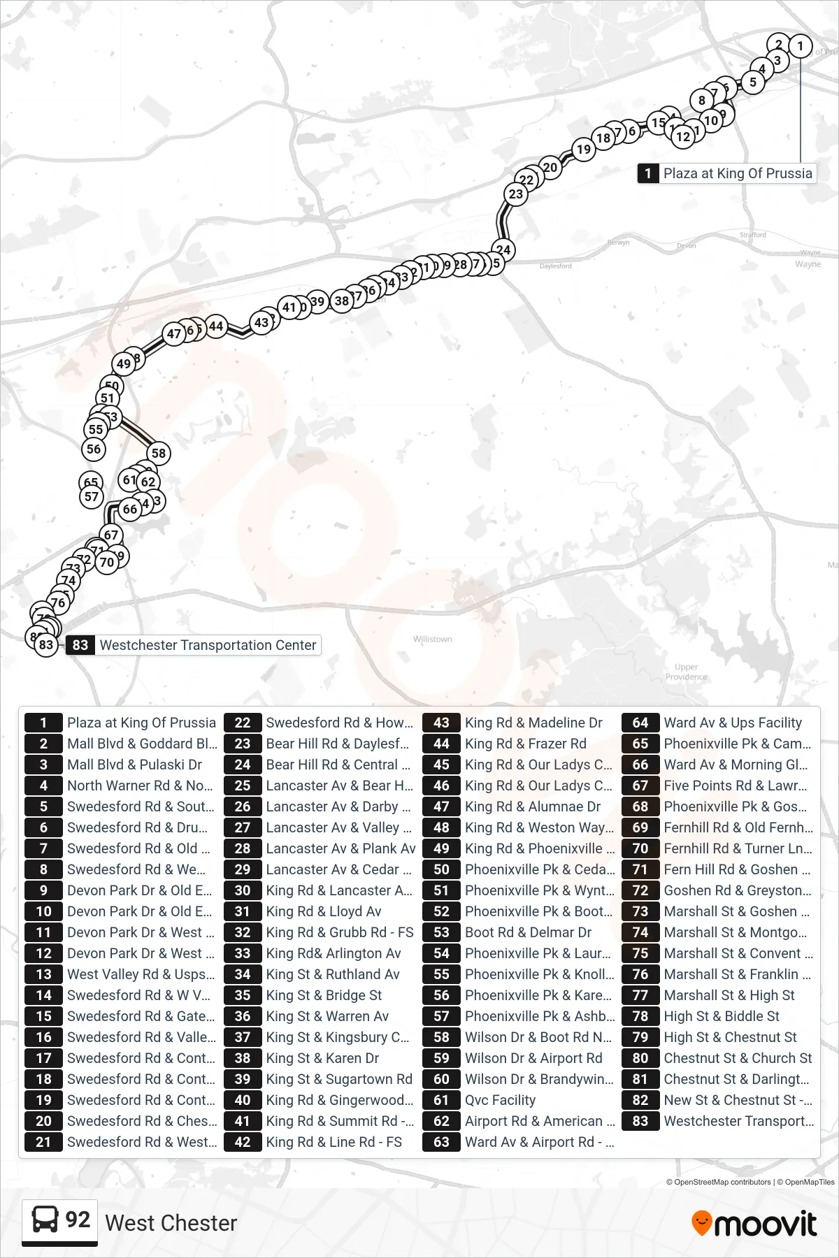 92 bus Line (West Chester) route and stops on a map