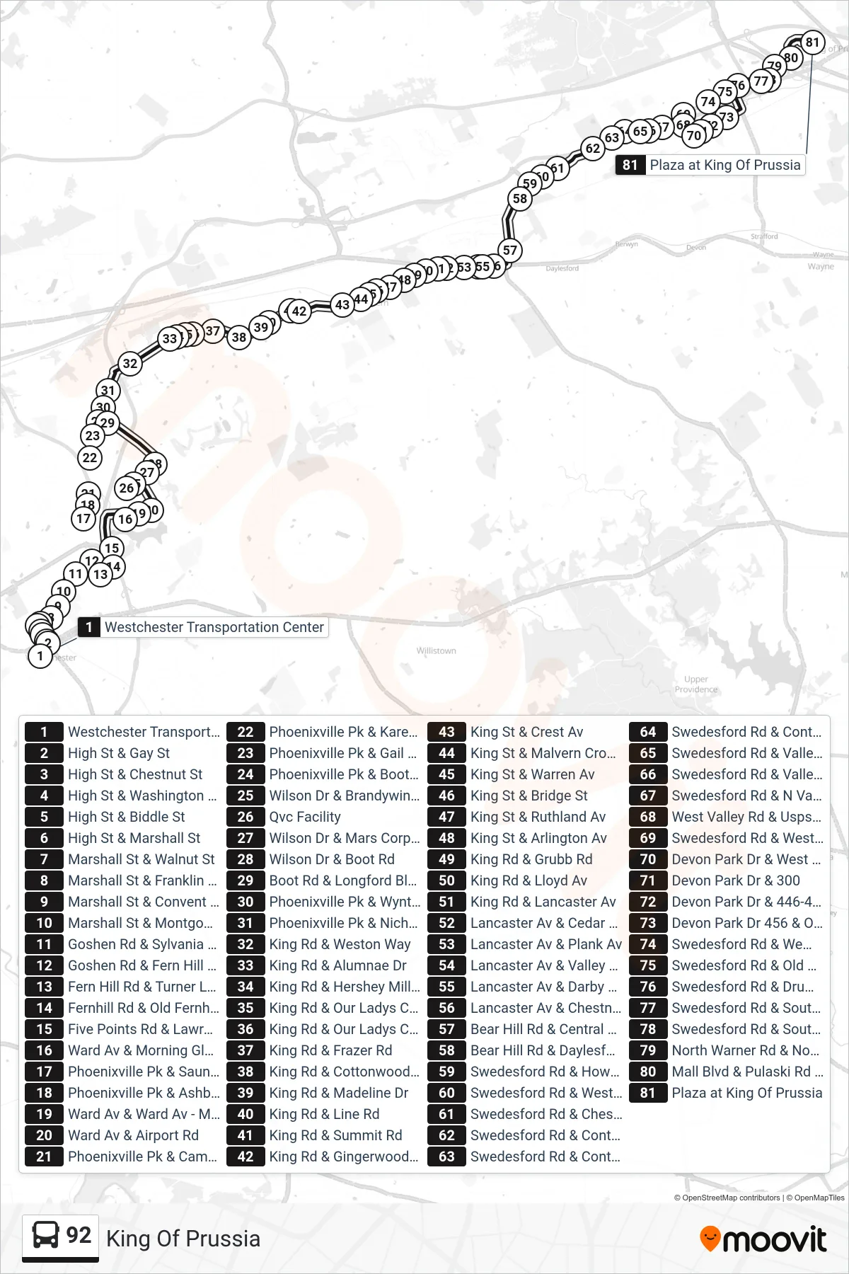 92 bus Line (King Of Prussia) route and stops on a map
