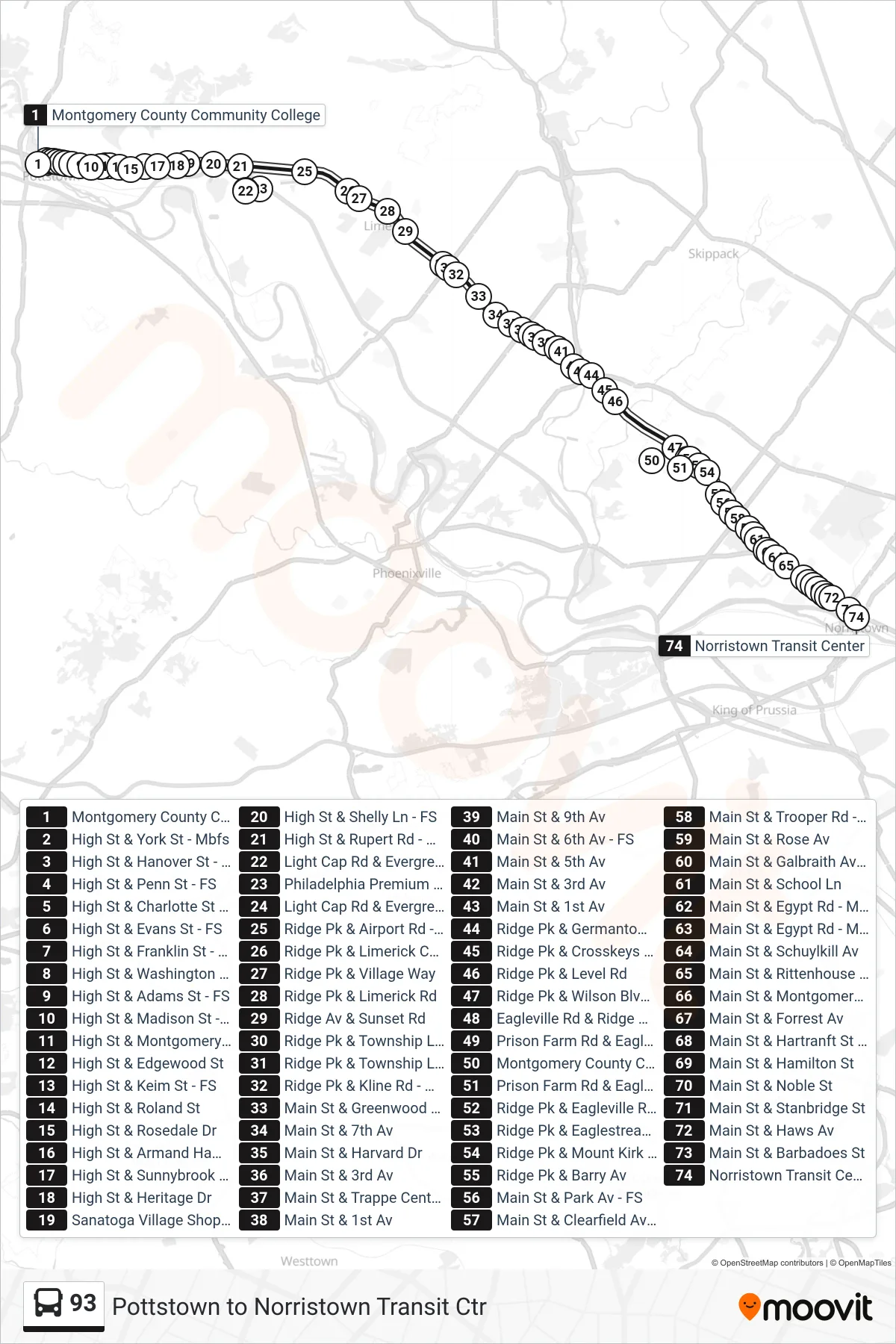 93 bus Line (Norristown Transit Center) route and stops on a map