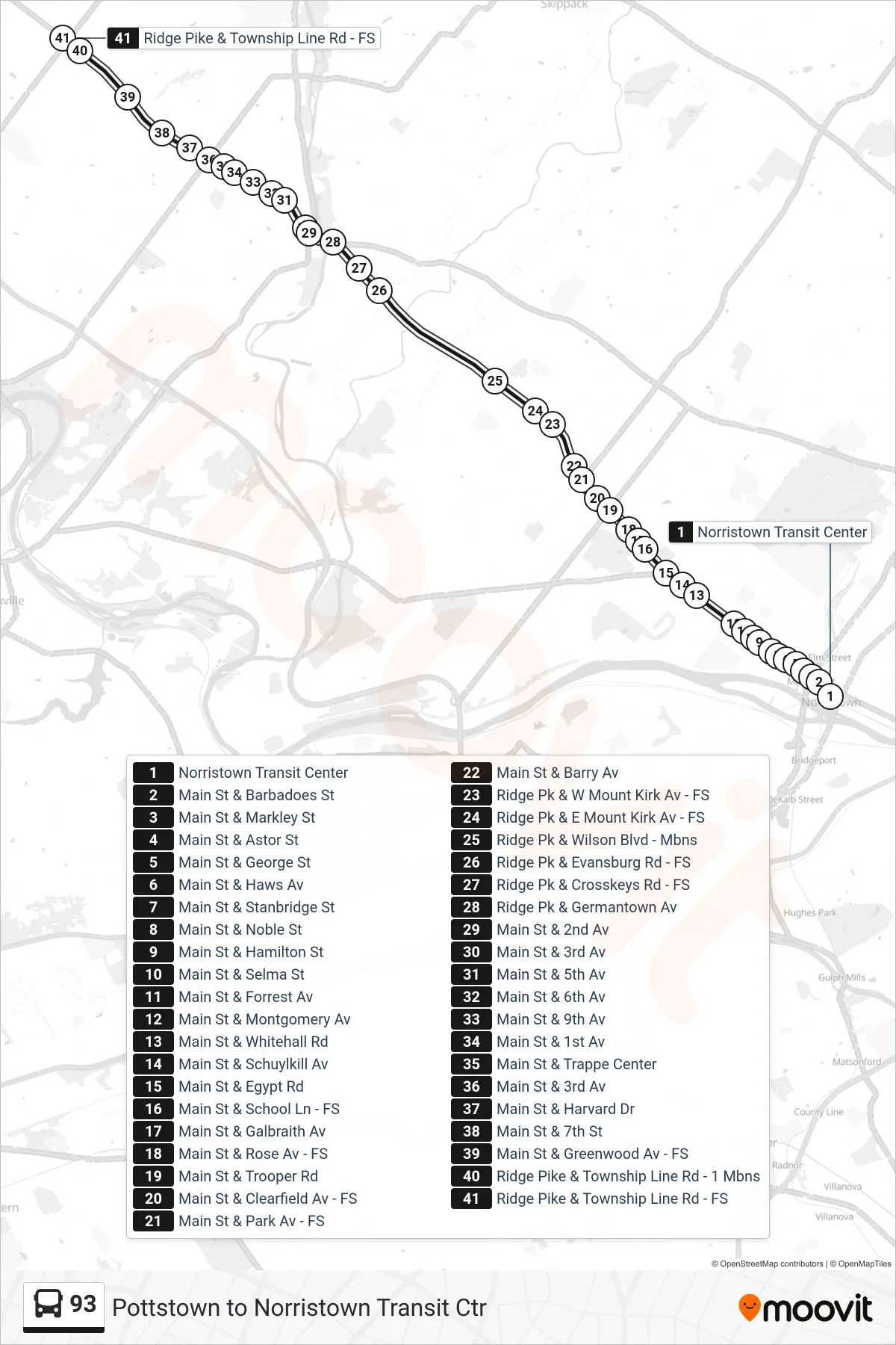 93 bus Line (Limerick) route and stops on a map