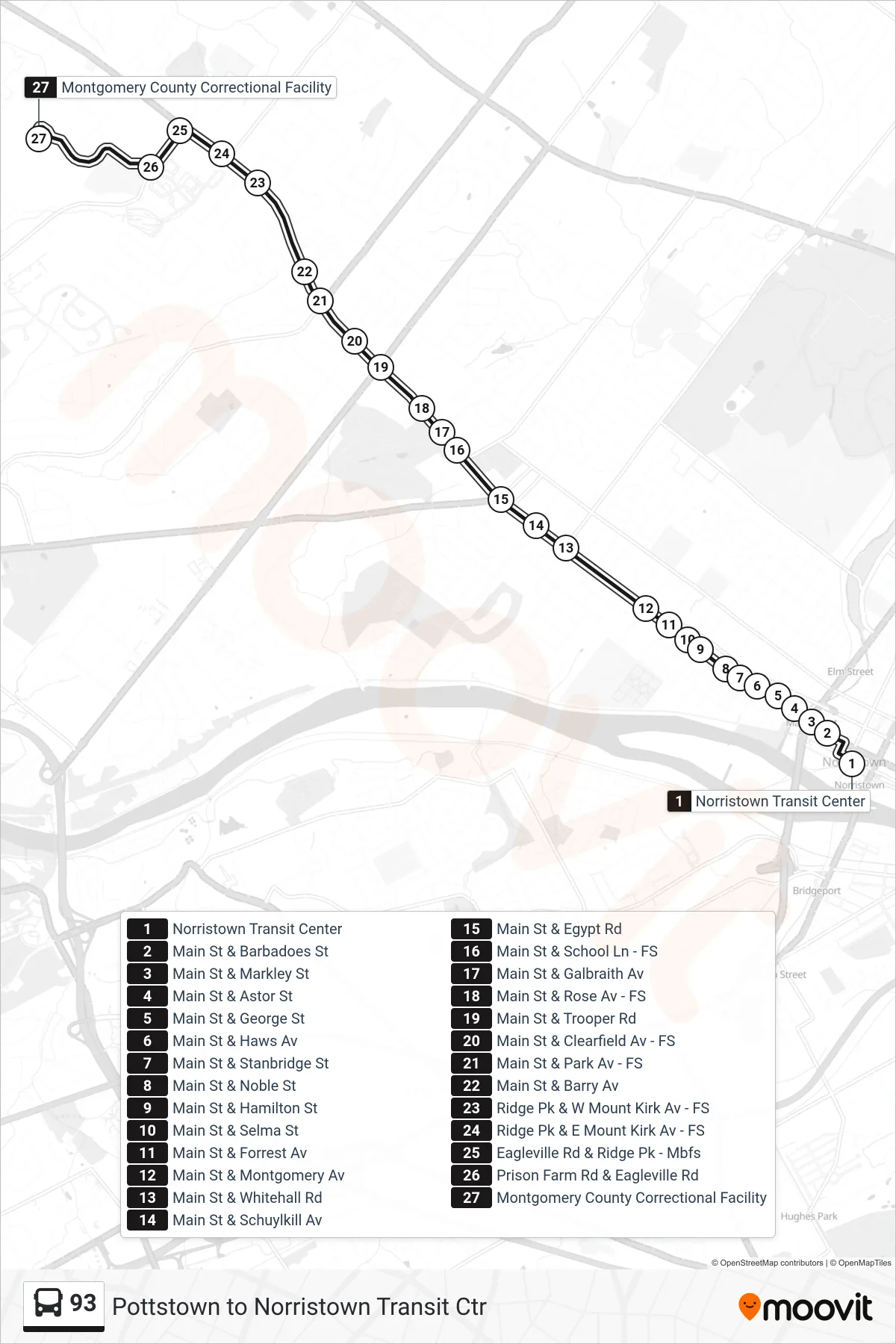 93 bus Line (Montgomery County Correctional Facility) route and stops on a map