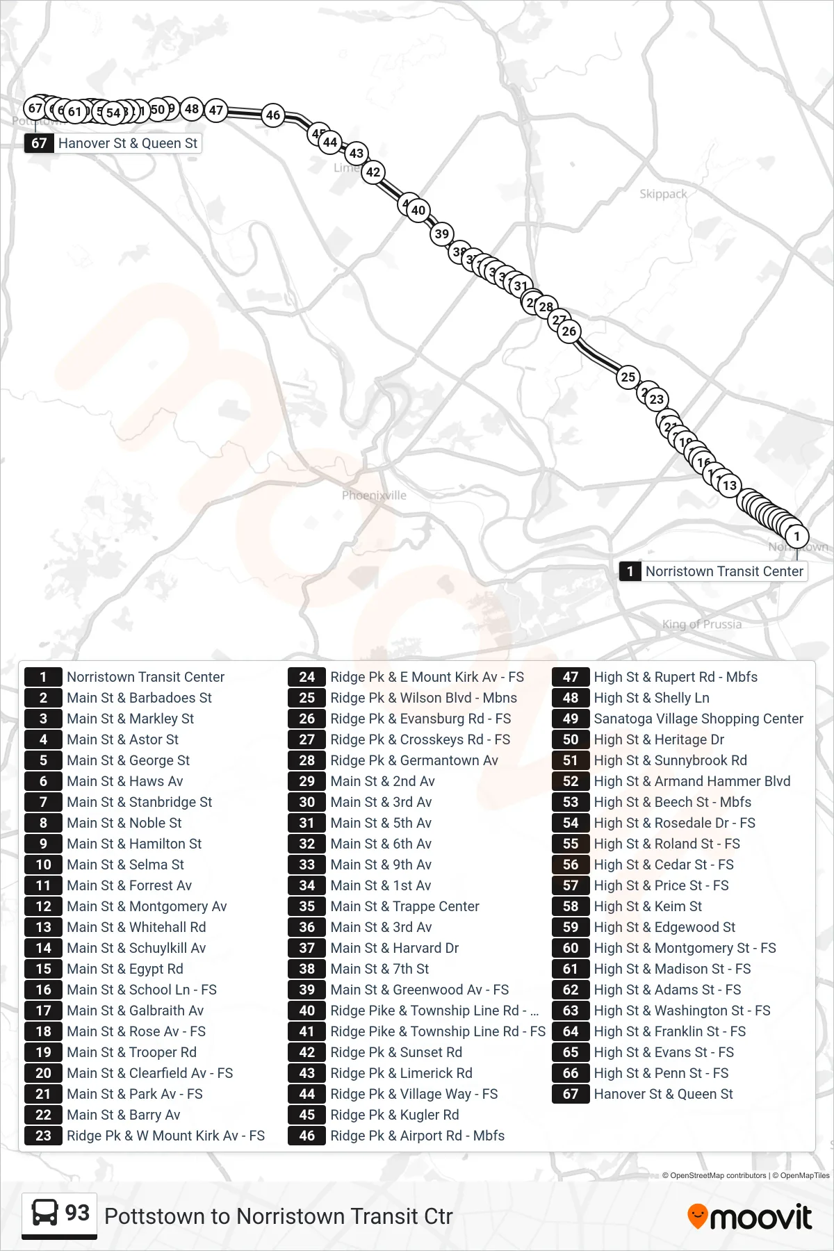 93 bus Line (Pottstown Hanover-Queen) route and stops on a map
