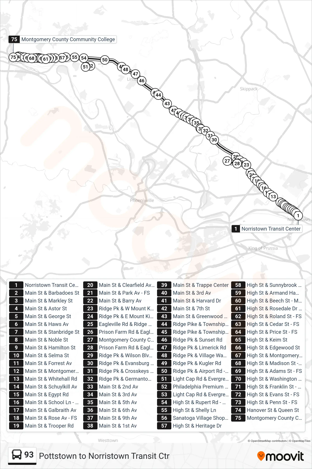 93 bus Line (Pottstown West Campus Mccc) route and stops on a map