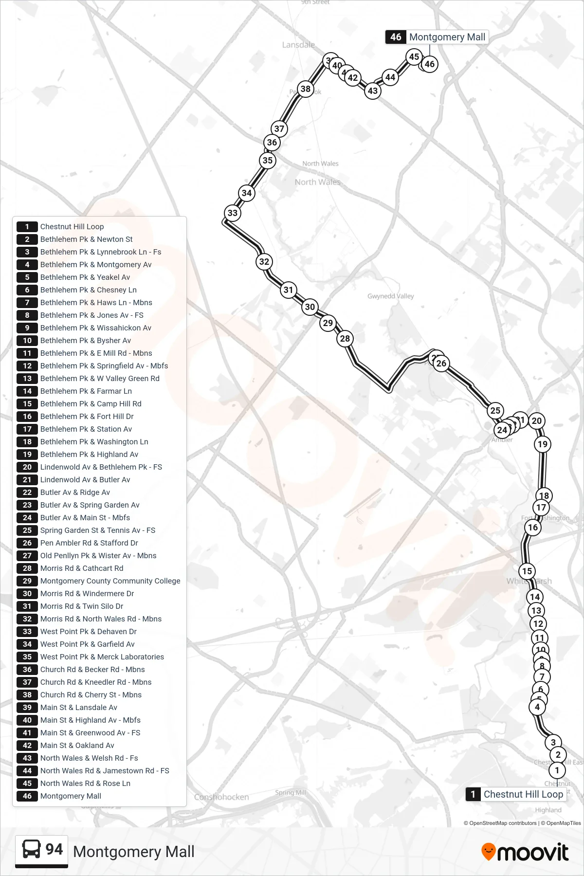 94 bus Line (Montgomery Mall) route and stops on a map