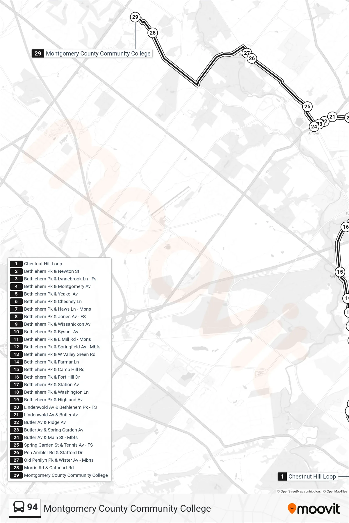 94 bus Line (Montgomery County Community College) route and stops on a map