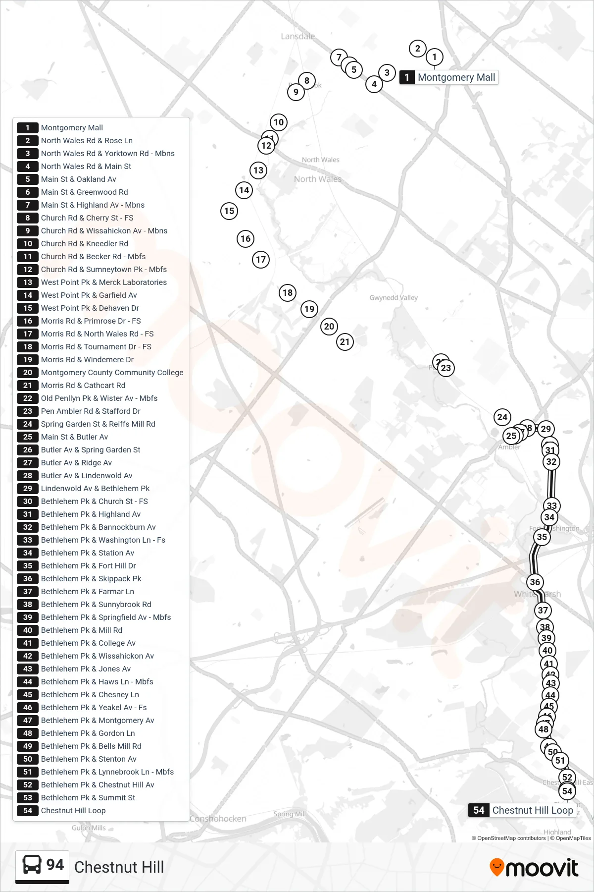 94 bus Line (Chestnut Hill) route and stops on a map