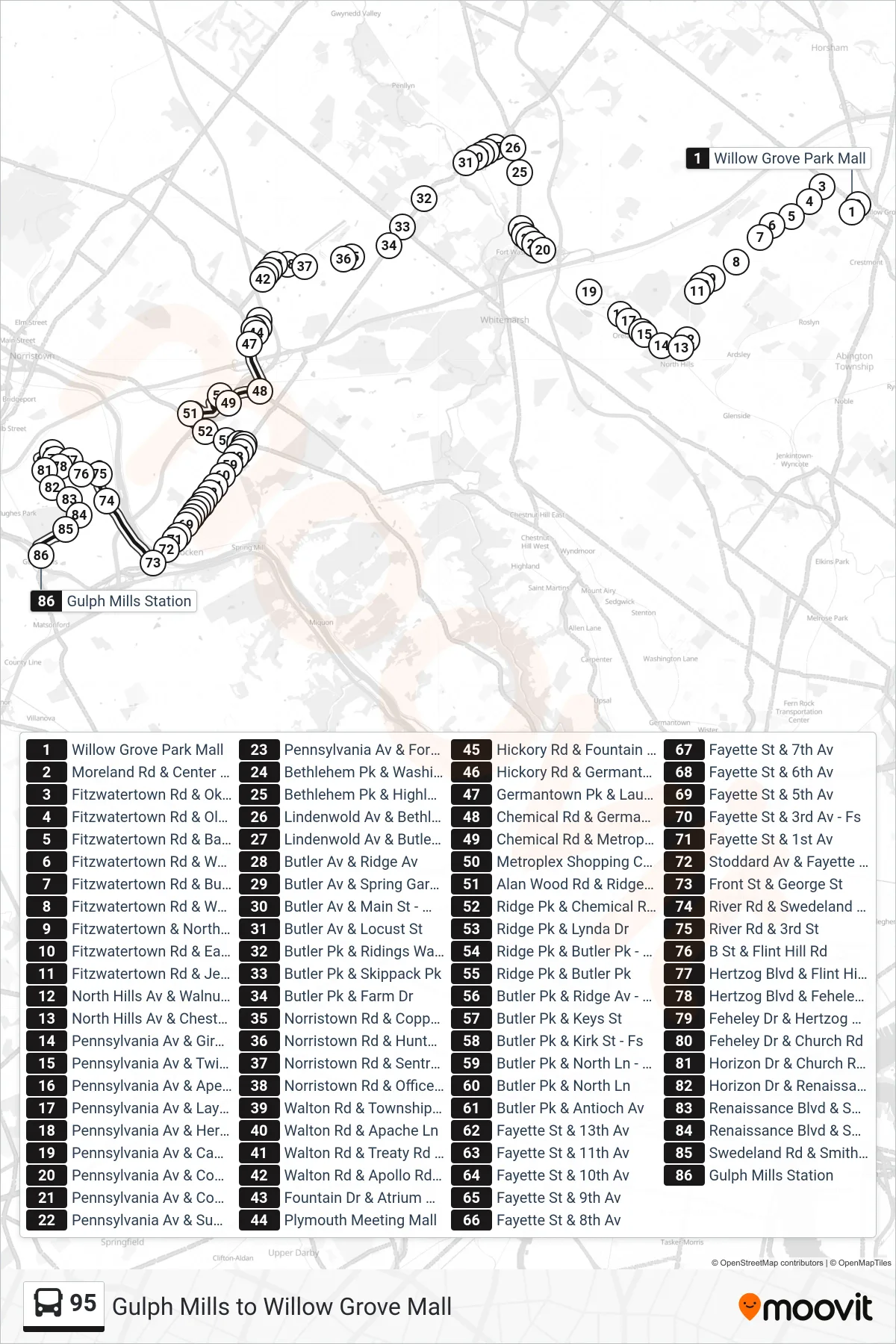 95 bus Line (Gulph Mills Station) route and stops on a map