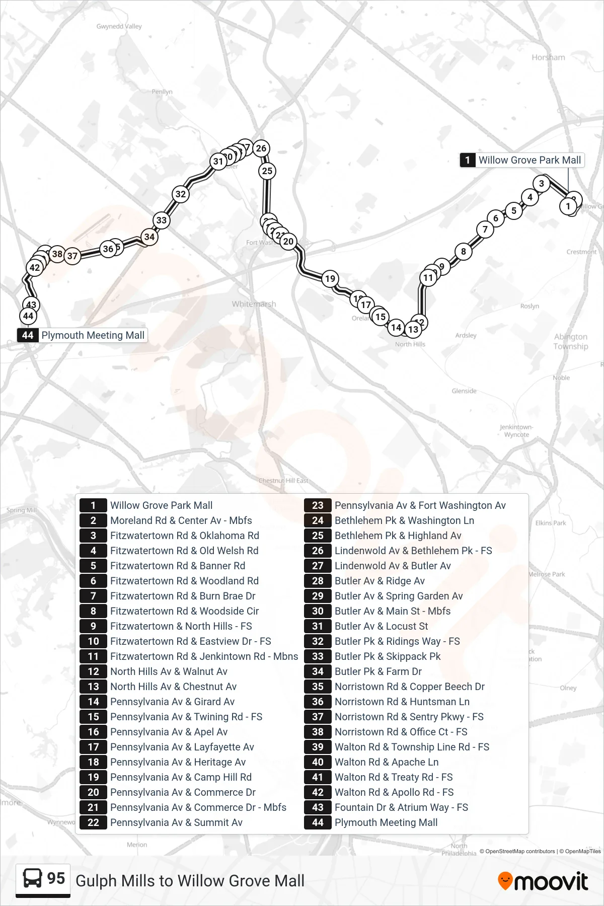 95 bus Line (Plymouth Meeting Mall) route and stops on a map