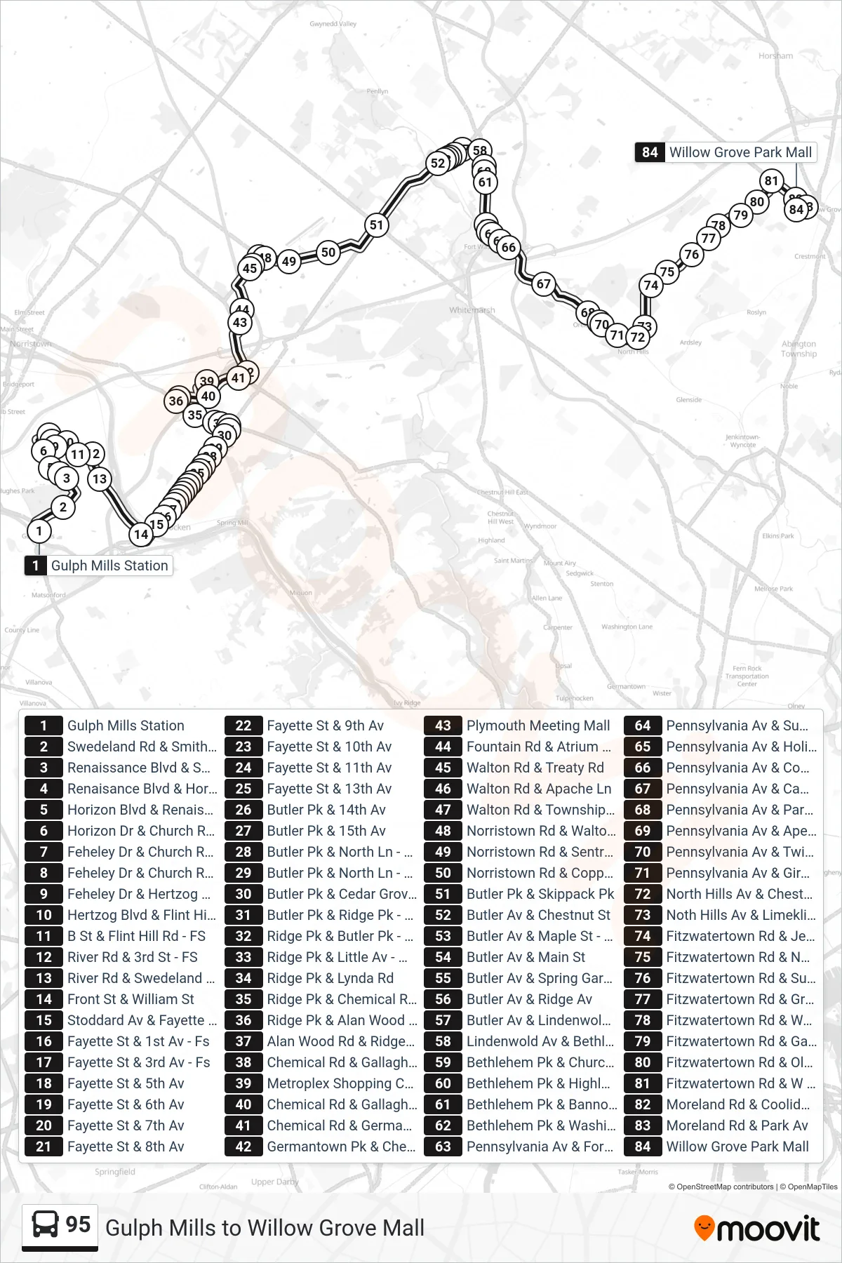 95 bus Line (Willow Grove) route and stops on a map
