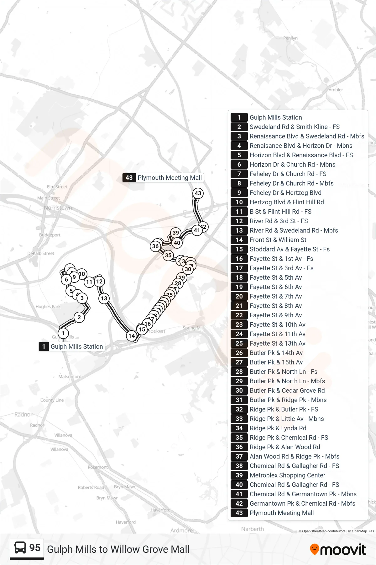 95 bus Line (Plymouth Meeting Mall) route and stops on a map