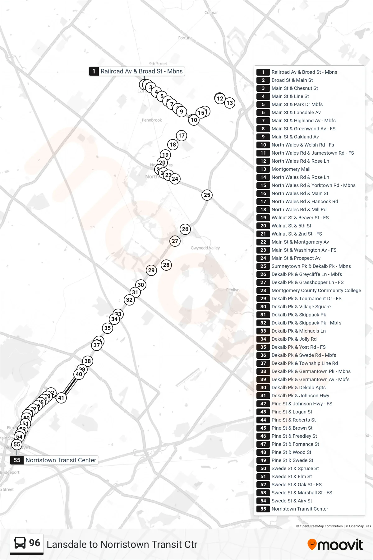 96 bus Line (Norristown Transit Center) route and stops on a map