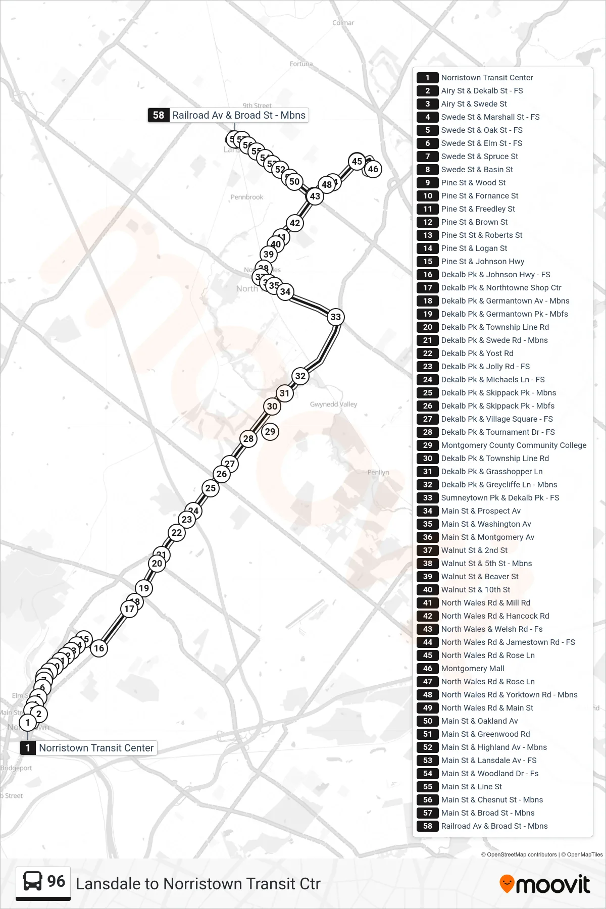 96 bus Line (Lansdale) route and stops on a map