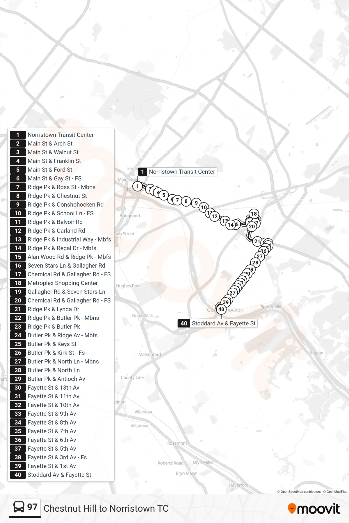 97 bus Line (Conshohocken) route and stops on a map