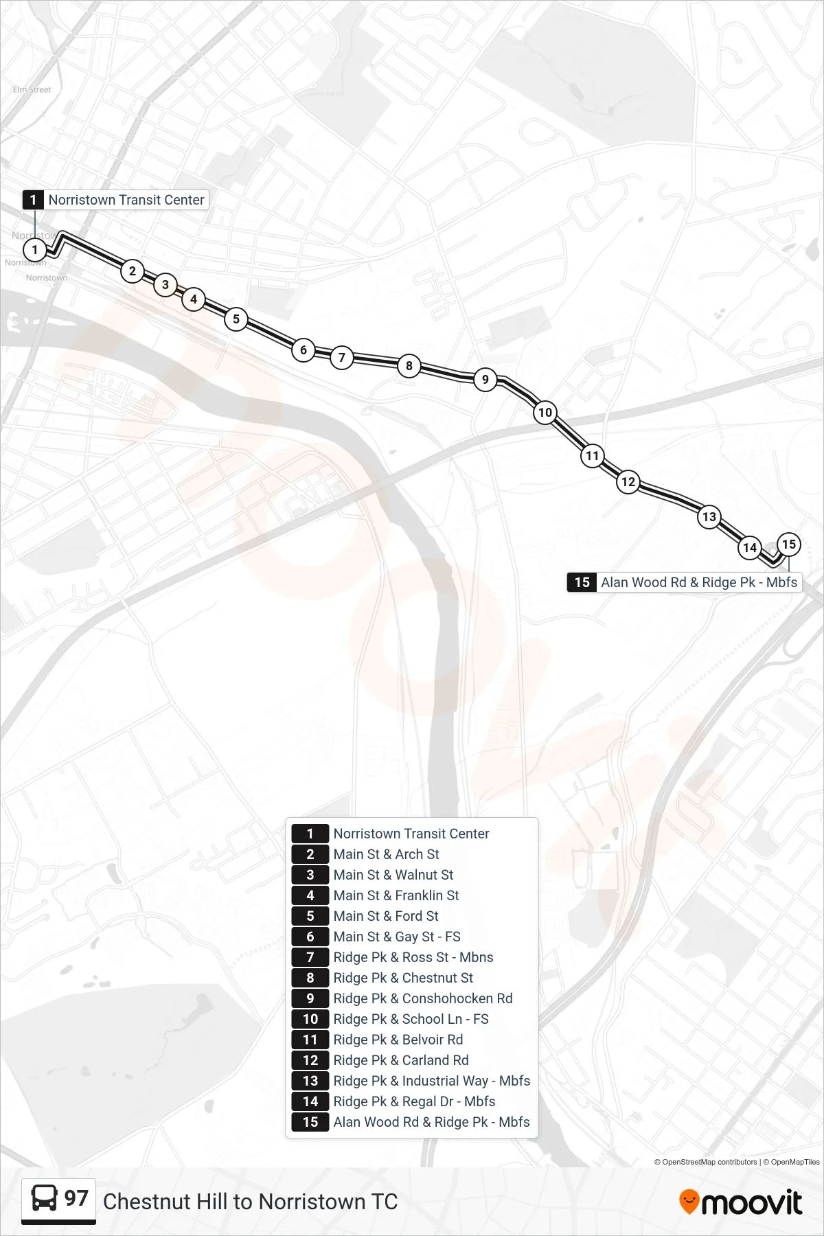 97 bus Line (Alan Wood-Ridge) route and stops on a map