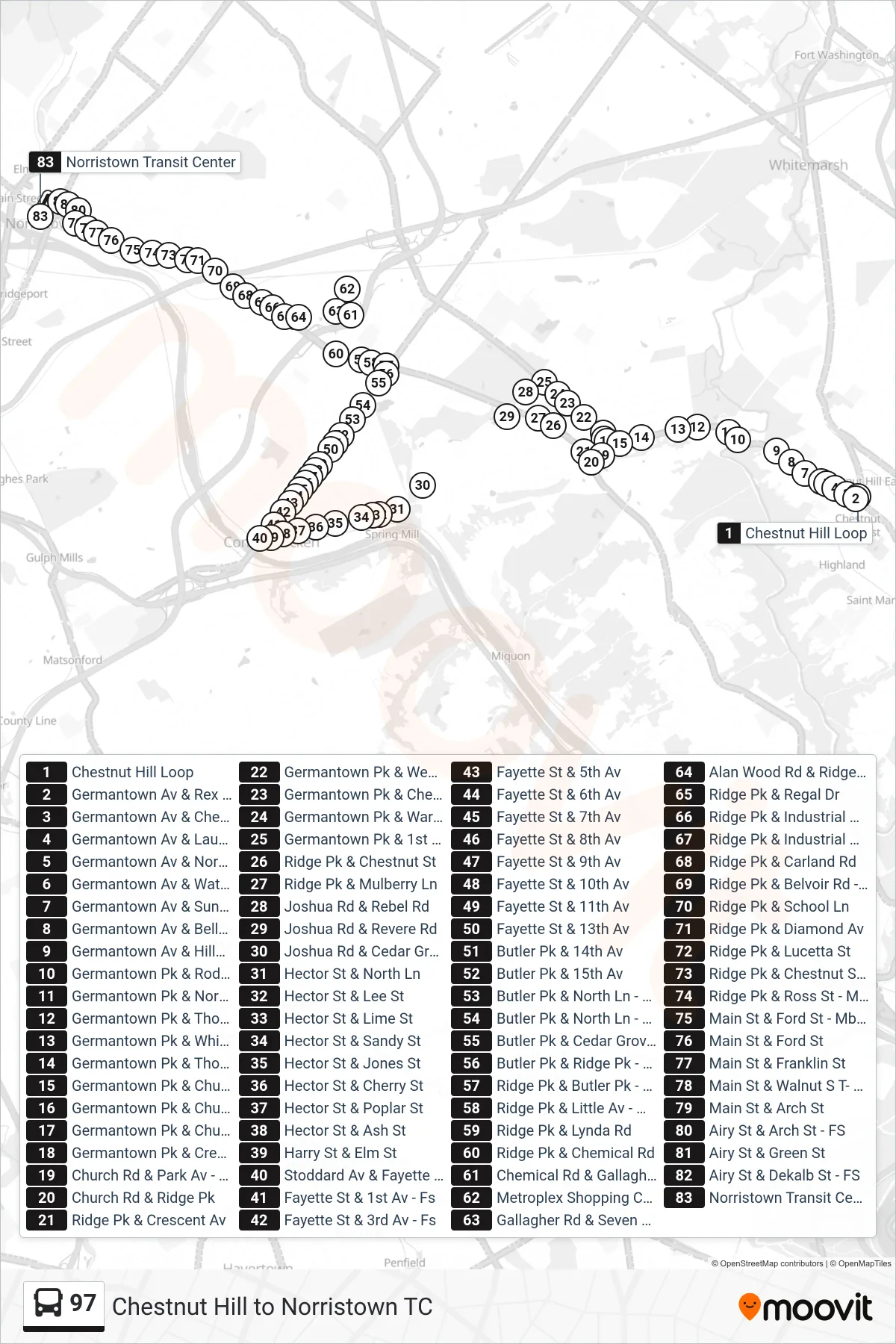 97 bus Line (Norristown Transit Center) route and stops on a map